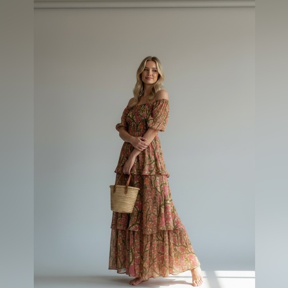 entro Dresses & Skirts - entro Pink and Green Floral Off-Shoulder Tiered Maxi Dress Puff sleeve